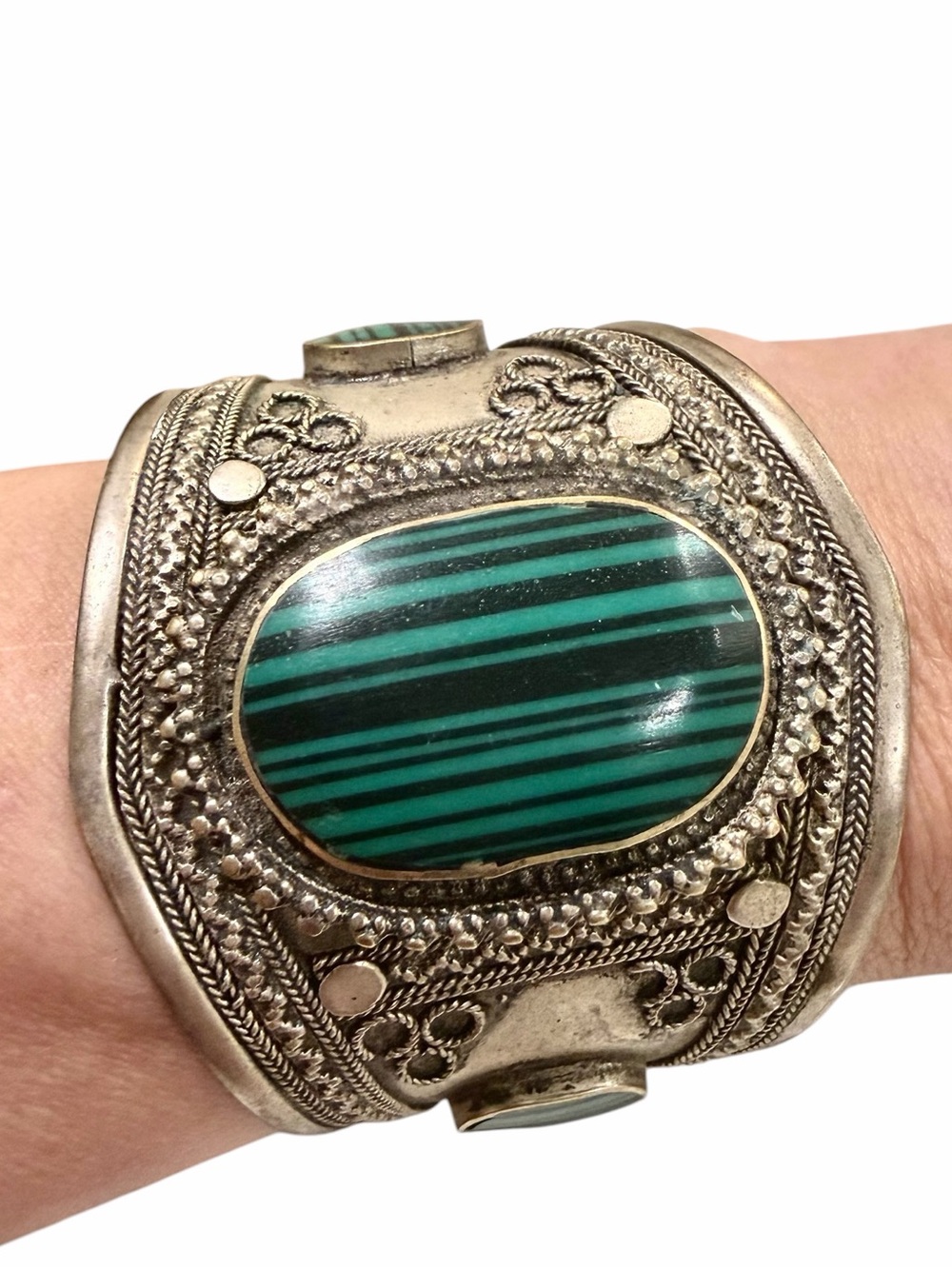Vintage Tribal Malachite Cuff Bracelet Large Ethnic Silver Statement Bracelet